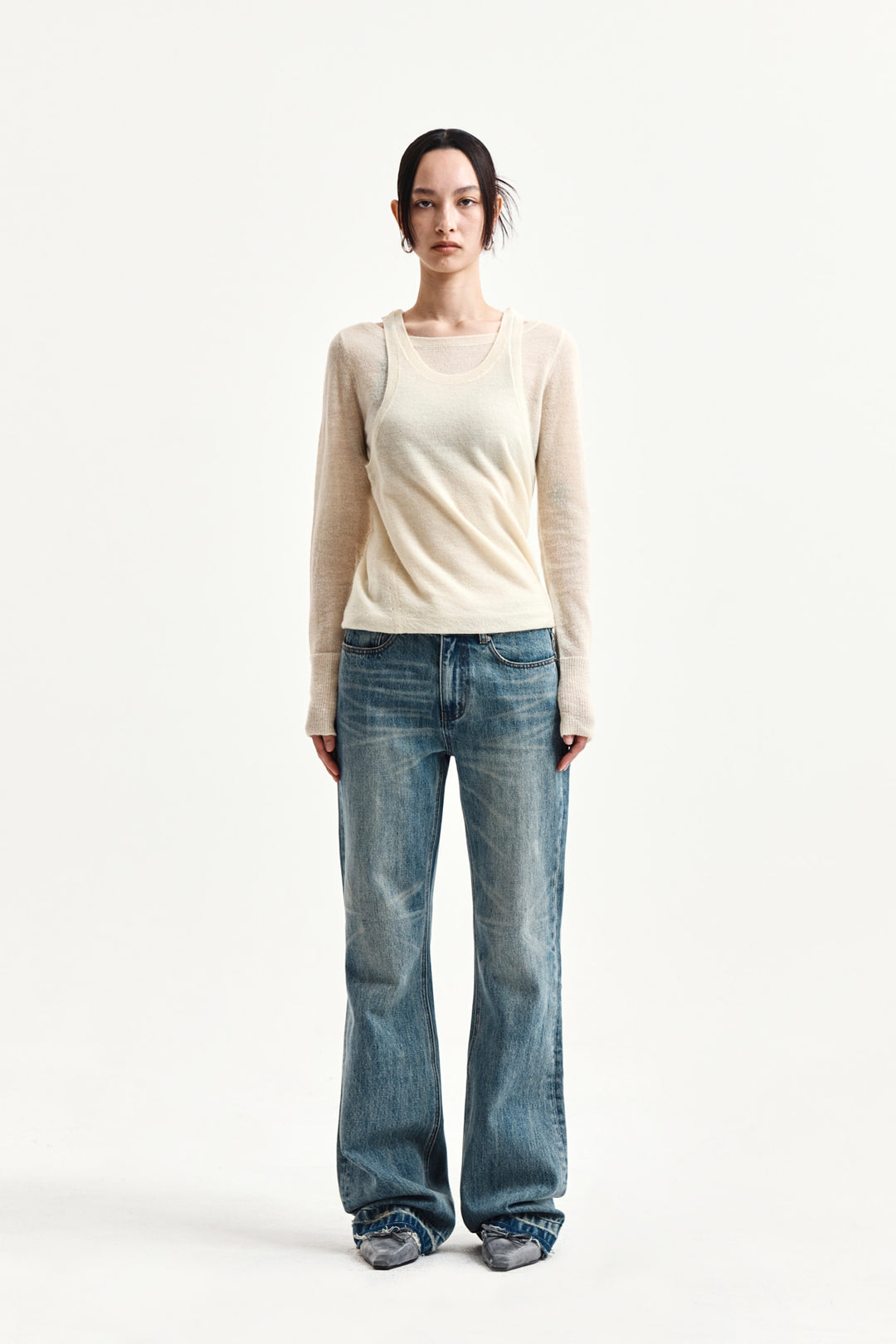 Matin Kim Washed Point Boots Cut Denim — Blue