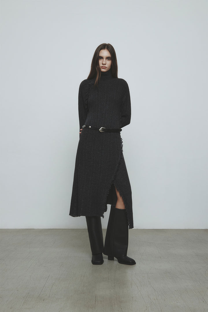 KIMMATIN Unbalance Fringe Knit Dress — Charcoal