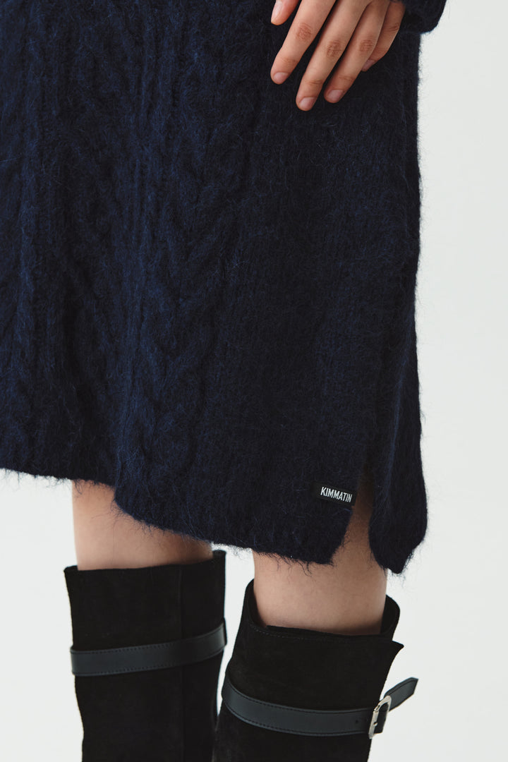 KIMMATIN Wide Cable Midi Knit Skirt — Navy blue