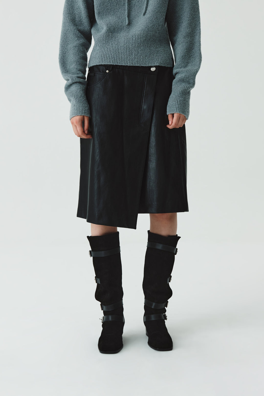 KIMMATIN Faux Leather Midi Wrap Skirt — Black