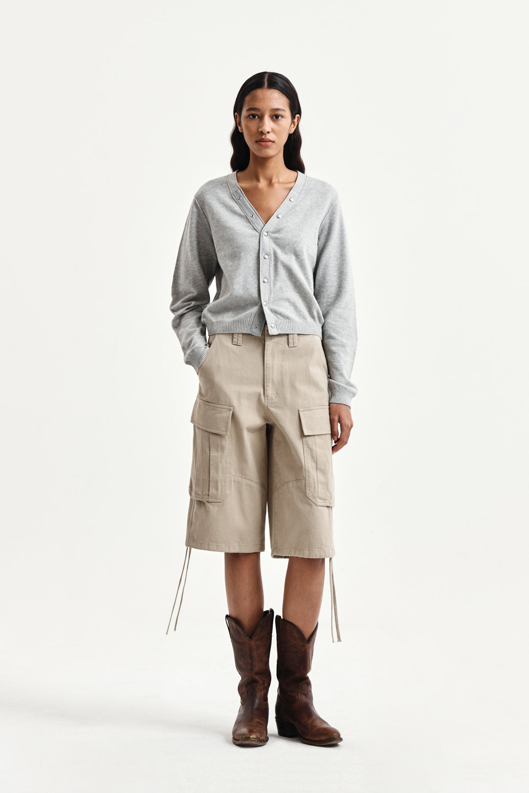 Matin Kim Back Logo Snap Button Cardigan — Gray