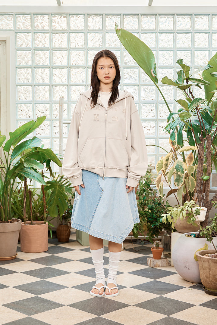 Matin Kim Appliqué Cutout Logo Zip Hoodie — Beige