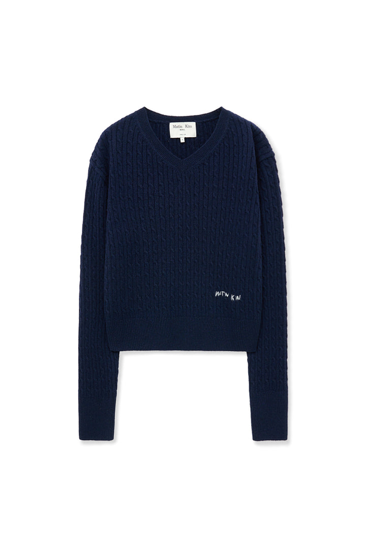 Matin Kim Shiny Cable Pullover — Navy blue
