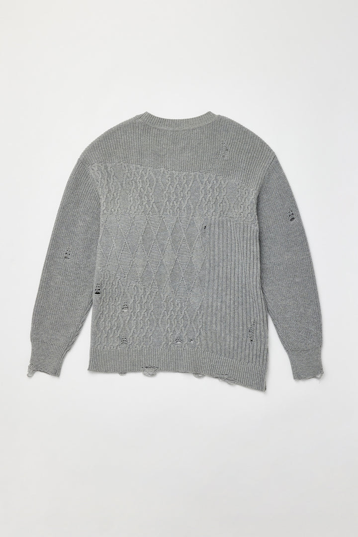 KIMMATIN Cable Mix Damage Knit Pullover — Gray