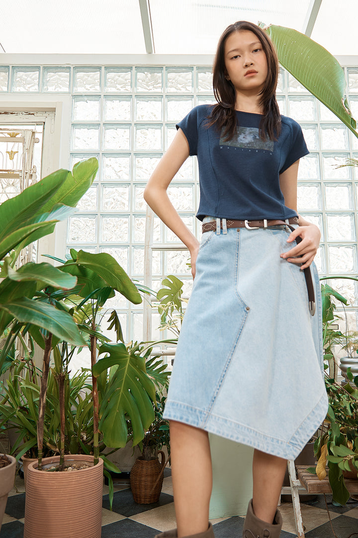 Matin Kim Denim Mixed Flare Skirt — Light Blue