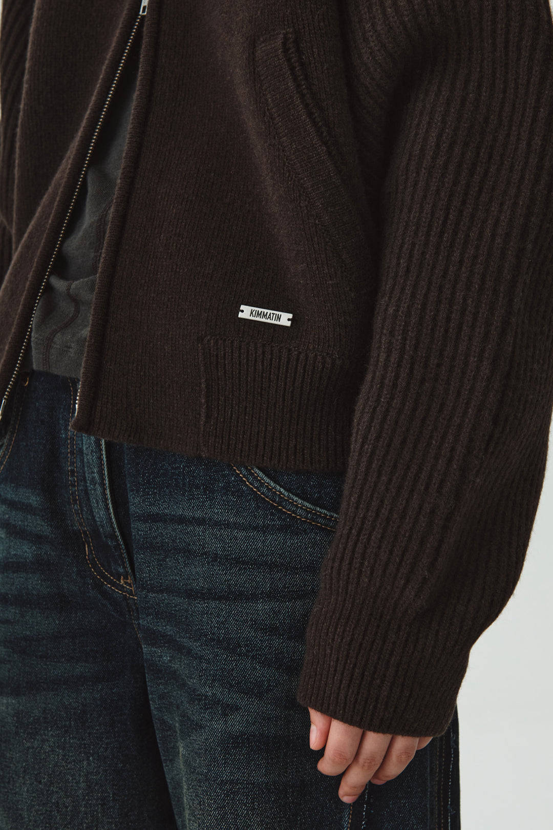KIMMATIN Raglan Pocket Knit Zip Up — Brown