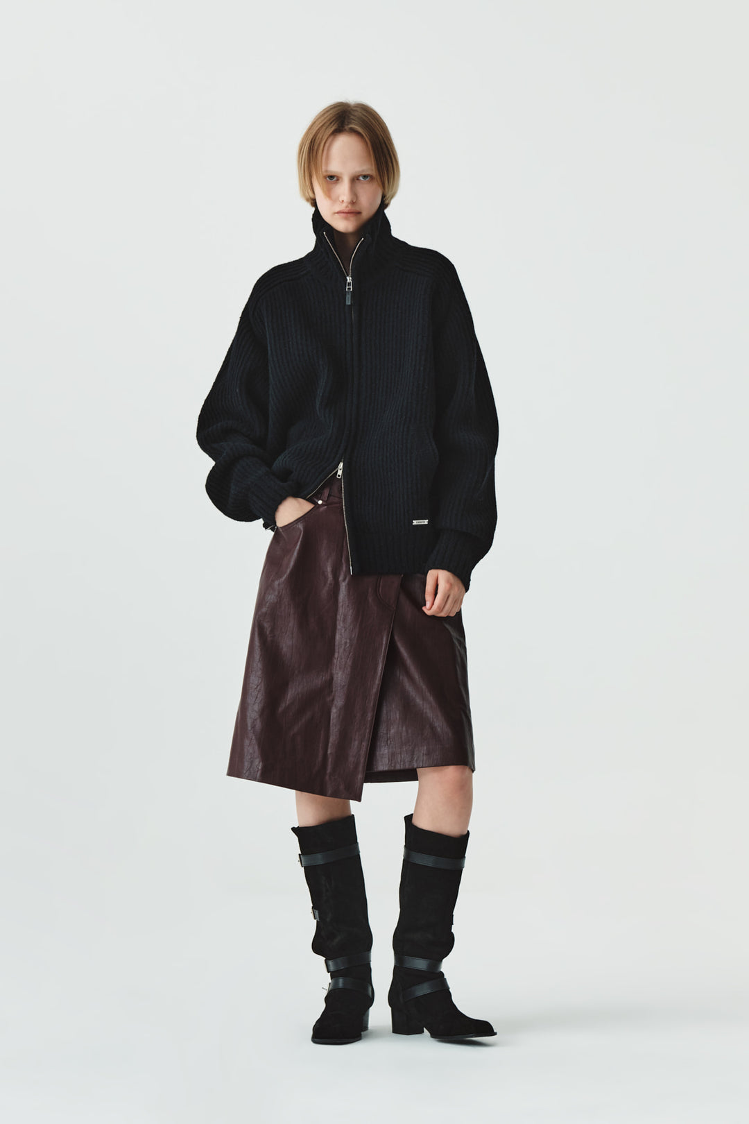 KIMMATIN Faux Leather Midi Wrap Skirt — Burgundy
