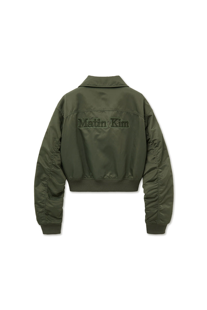 Matin Kim Appliqué Logo Shirring Bomber Jacket — Khaki