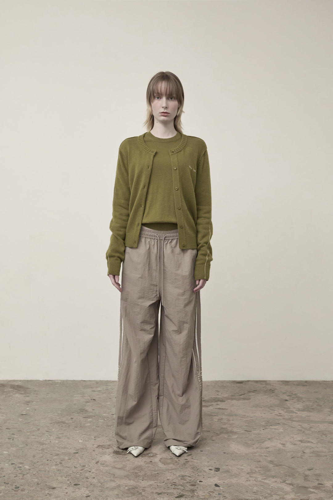 Matin Kim Cashmere Blended Round Knit Cardigan — Olive