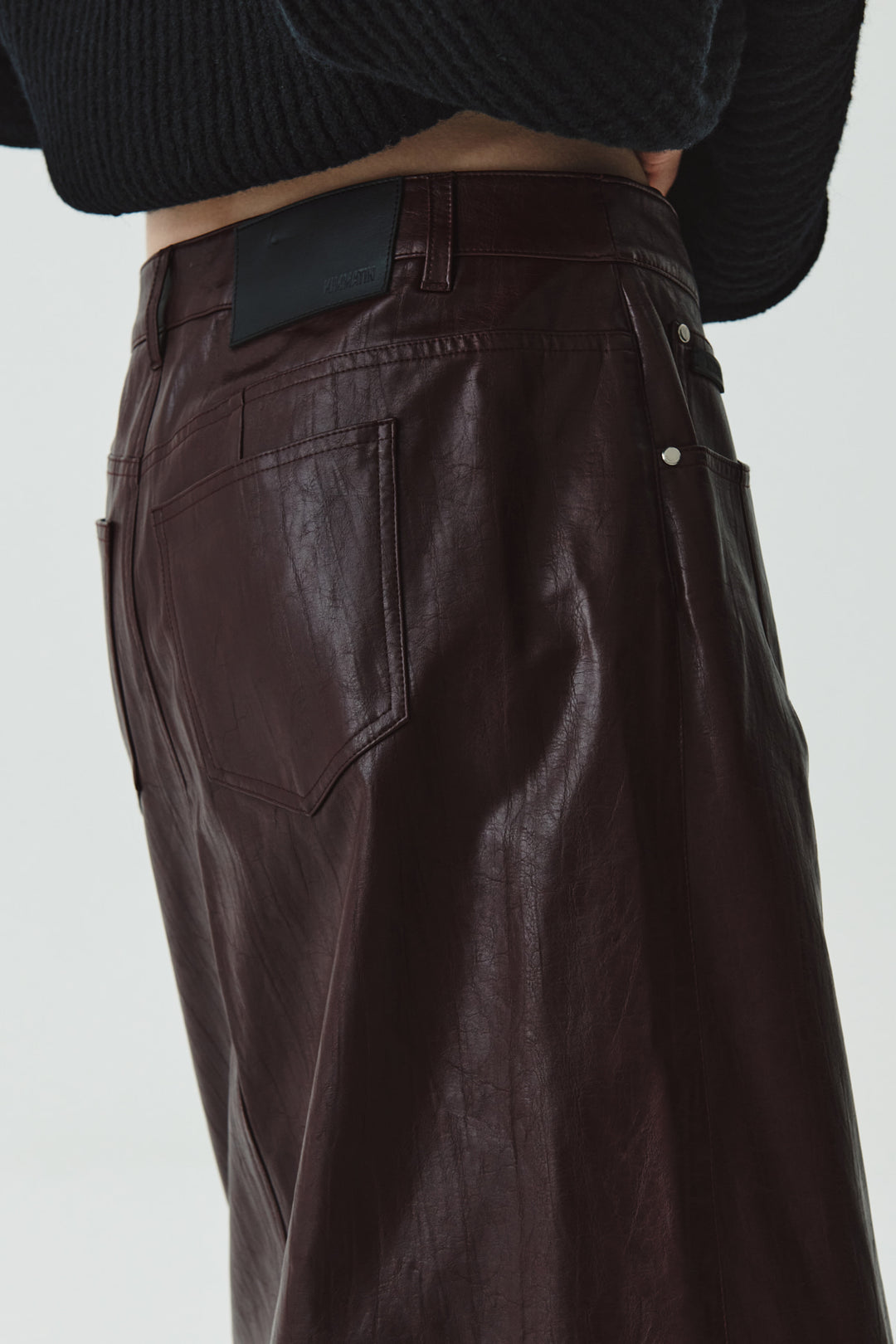 KIMMATIN Faux Leather Midi Wrap Skirt — Burgundy