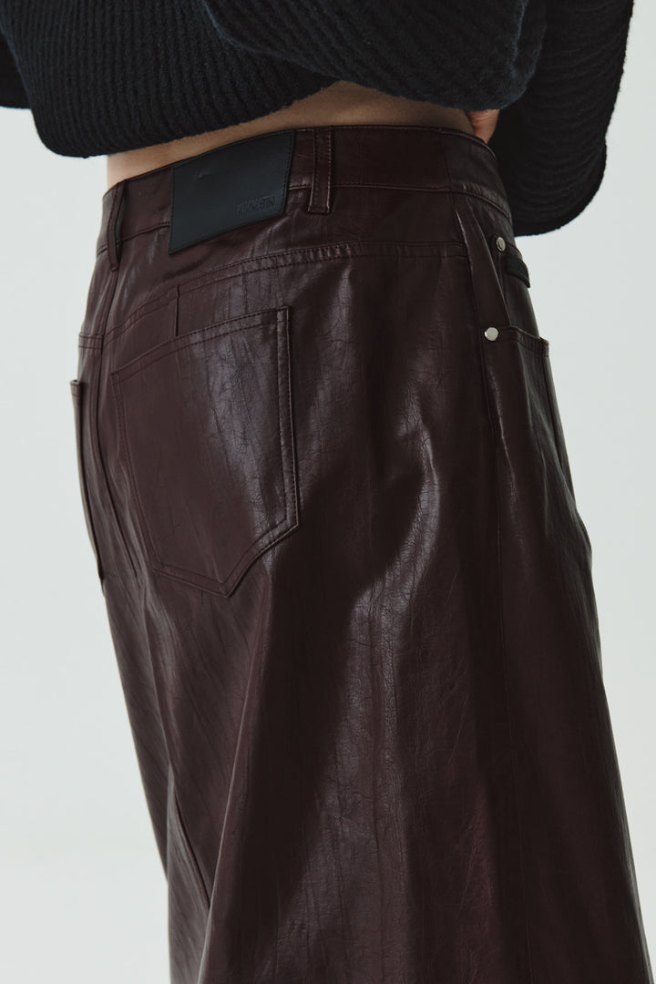 KIMMATIN Faux Leather Midi Wrap Skirt — Burgundy