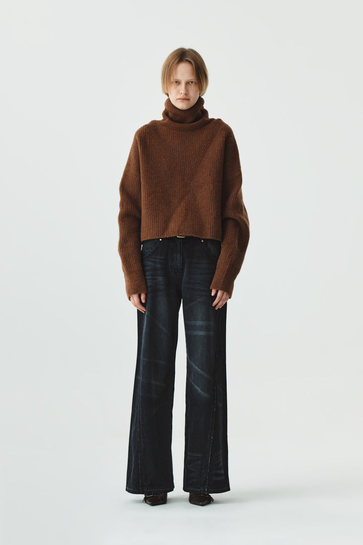 KIMMATIN Wool Blended High Neck Crop Pullover — Brown