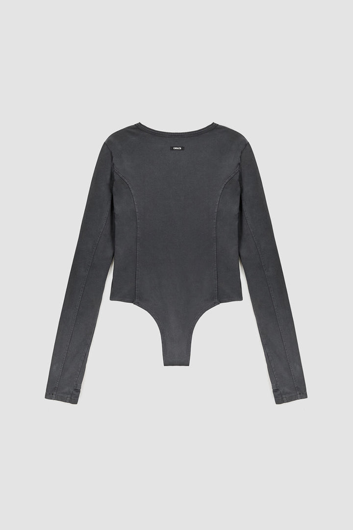 KIMMATIN Raw Cut Bodysuit Top — Charcoal