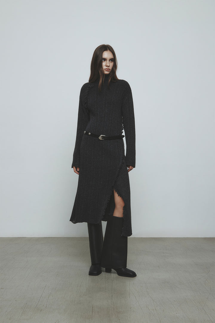 KIMMATIN Unbalance Fringe Knit Dress — Charcoal