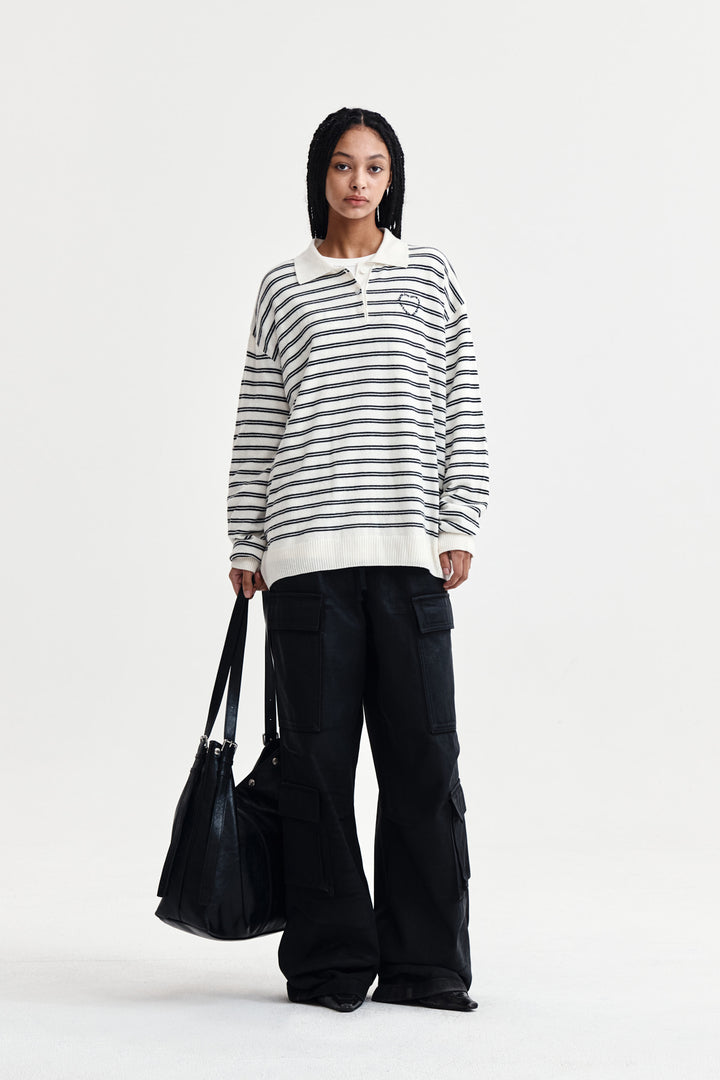Matin Kim Heart Logo Collar Striped Pullover — Ivory