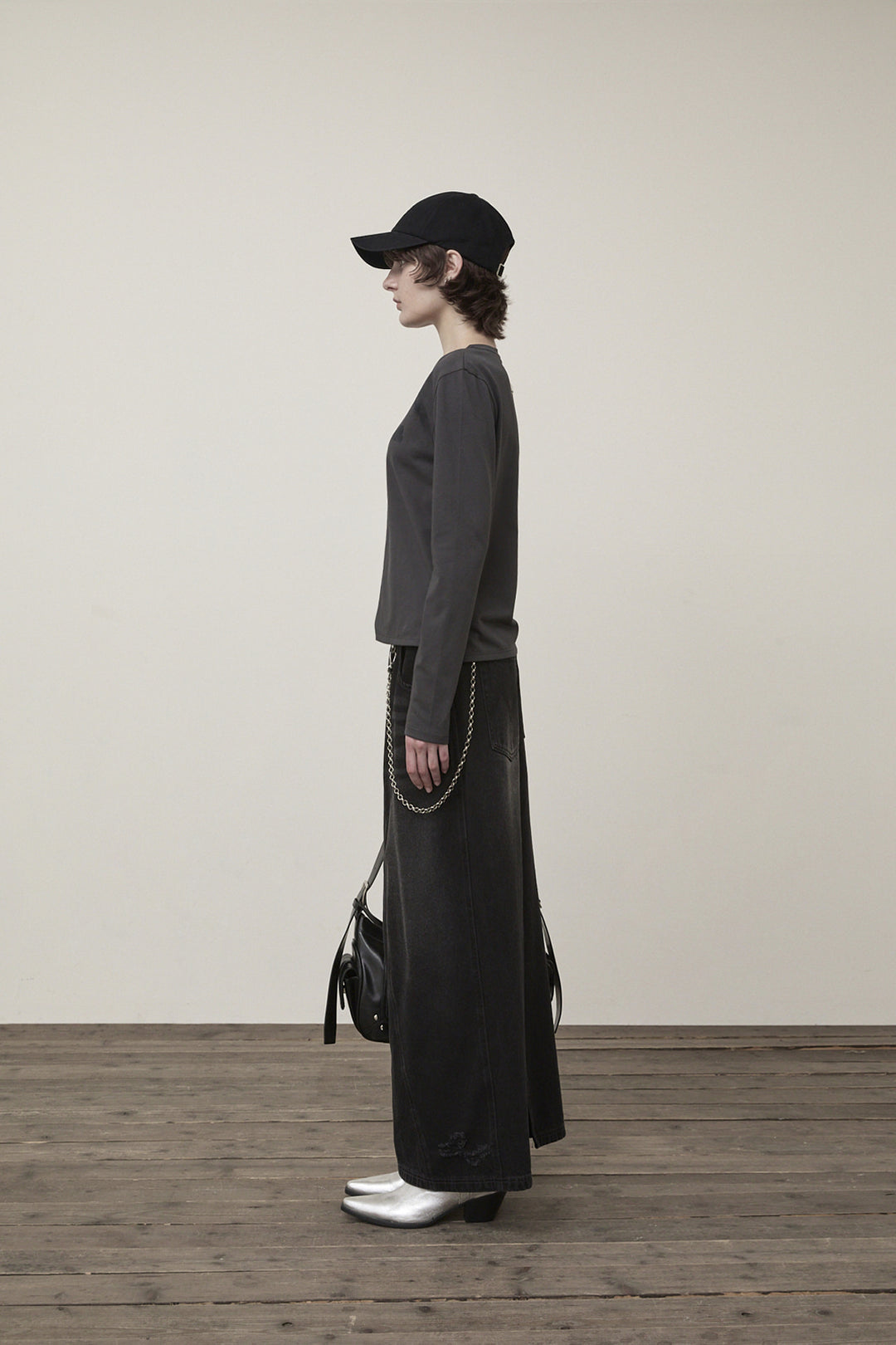 Matin Kim Damage Point Long Denim Skirt — Black
