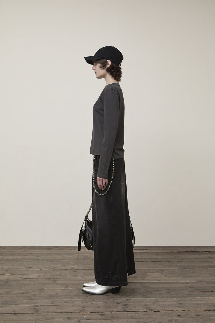 Matin Kim Damage Point Long Denim Skirt — Black