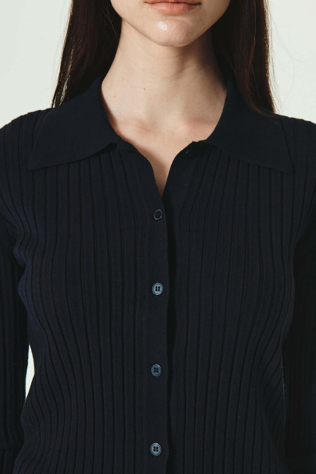 KIMMATIN Collar Point Ribbed Button Knit Cardigan — Navy blue
