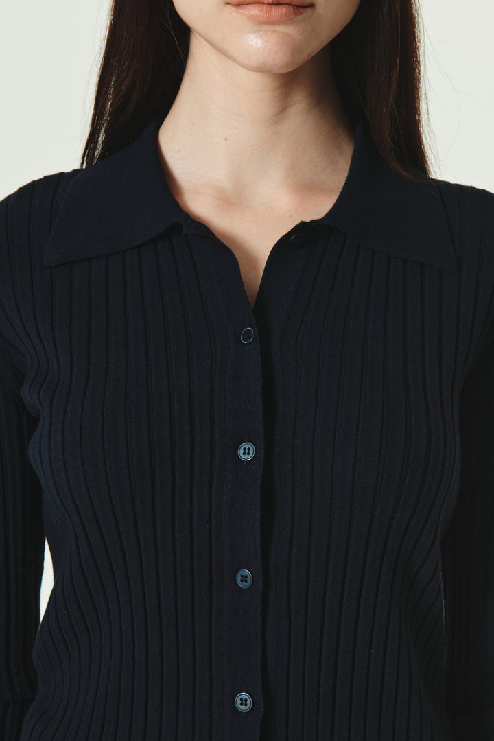 KIMMATIN Collar Point Ribbed Button Knit Cardigan — Navy blue