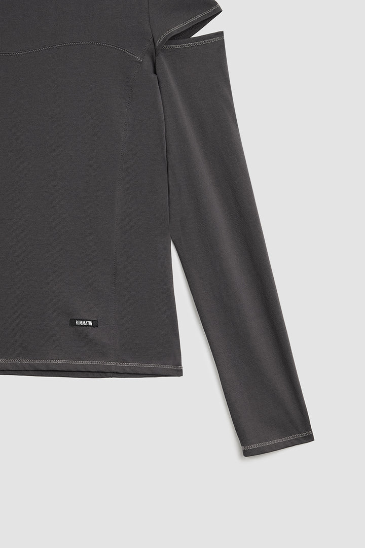 KIMMATIN Stitch Cut Out Long Sleeve Top — Charcoal