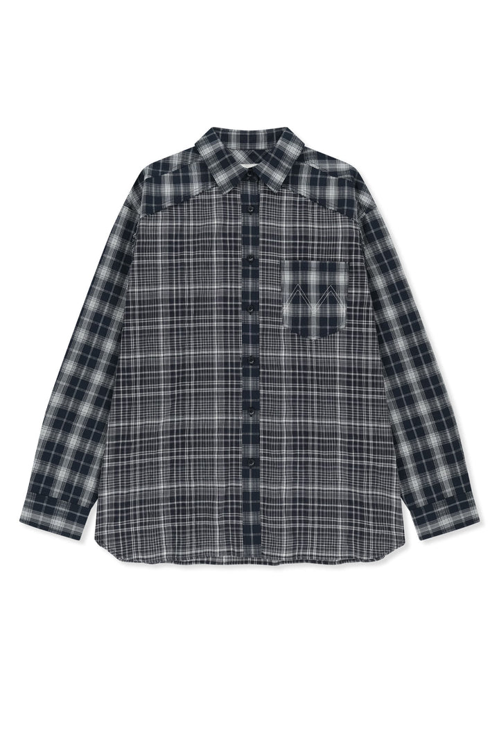 Matin Kim Mixed Check Overfit Shirt — Navy blue
