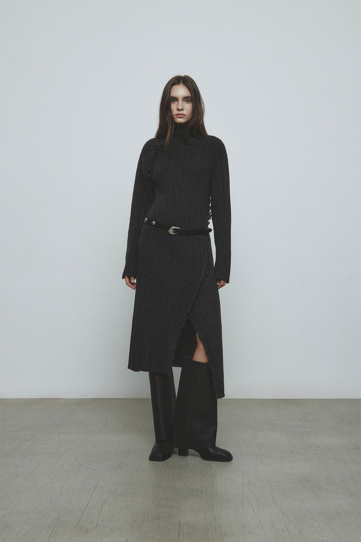 KIMMATIN Unbalance Fringe Knit Dress — Charcoal