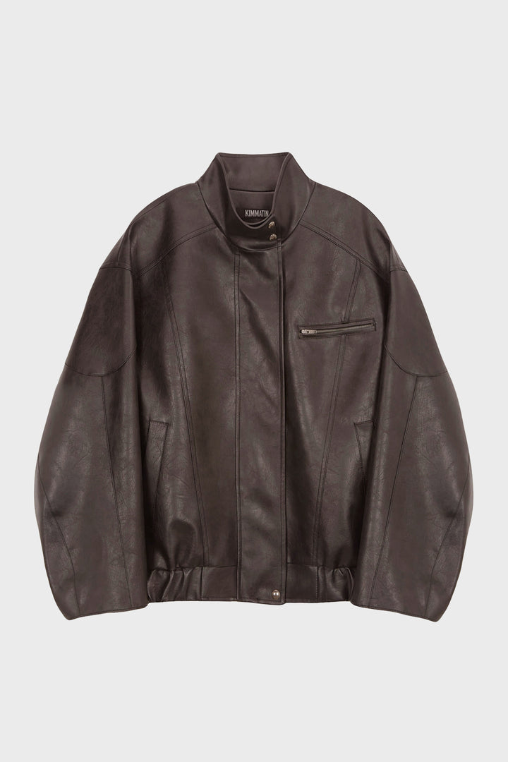 KIMMATIN Oversize Leather Biker Jumper — Brown