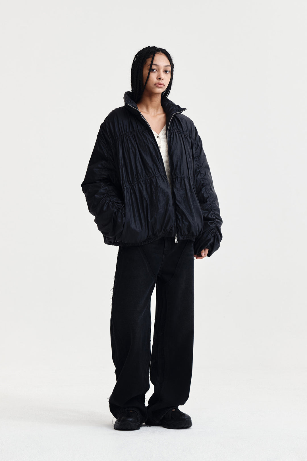 Matin Kim High Neck Shirring Down Jumper — Black