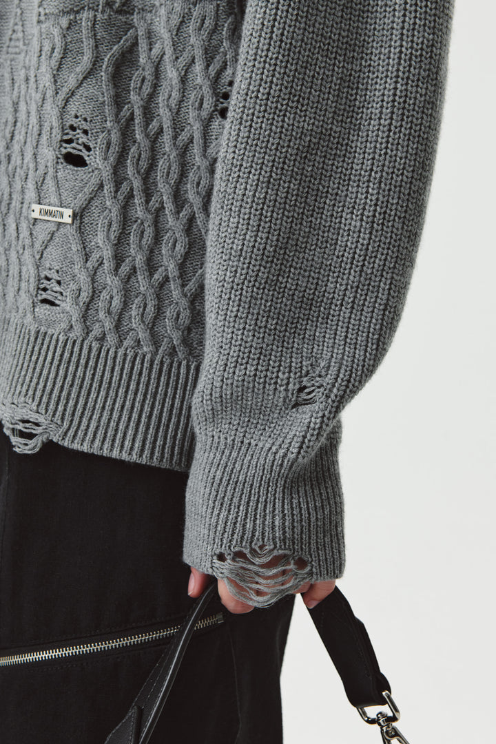 KIMMATIN Cable Mix Damage Knit Pullover — Gray