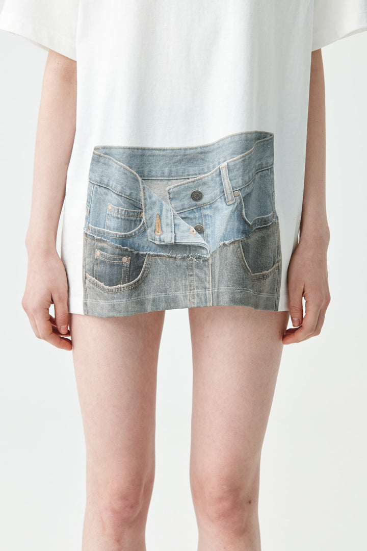 KIMMATIN Denim Printing Oversize Top — White