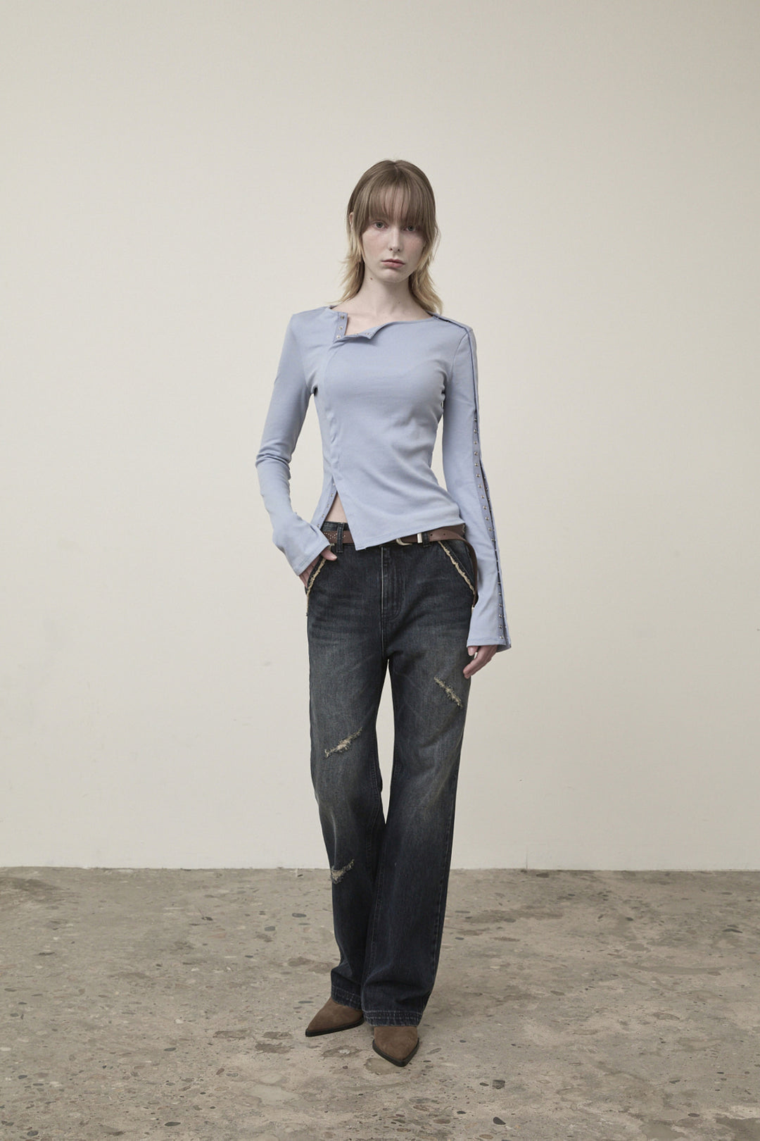 Matin Kim Semi Boots Cut Washed Denim — Navy blue