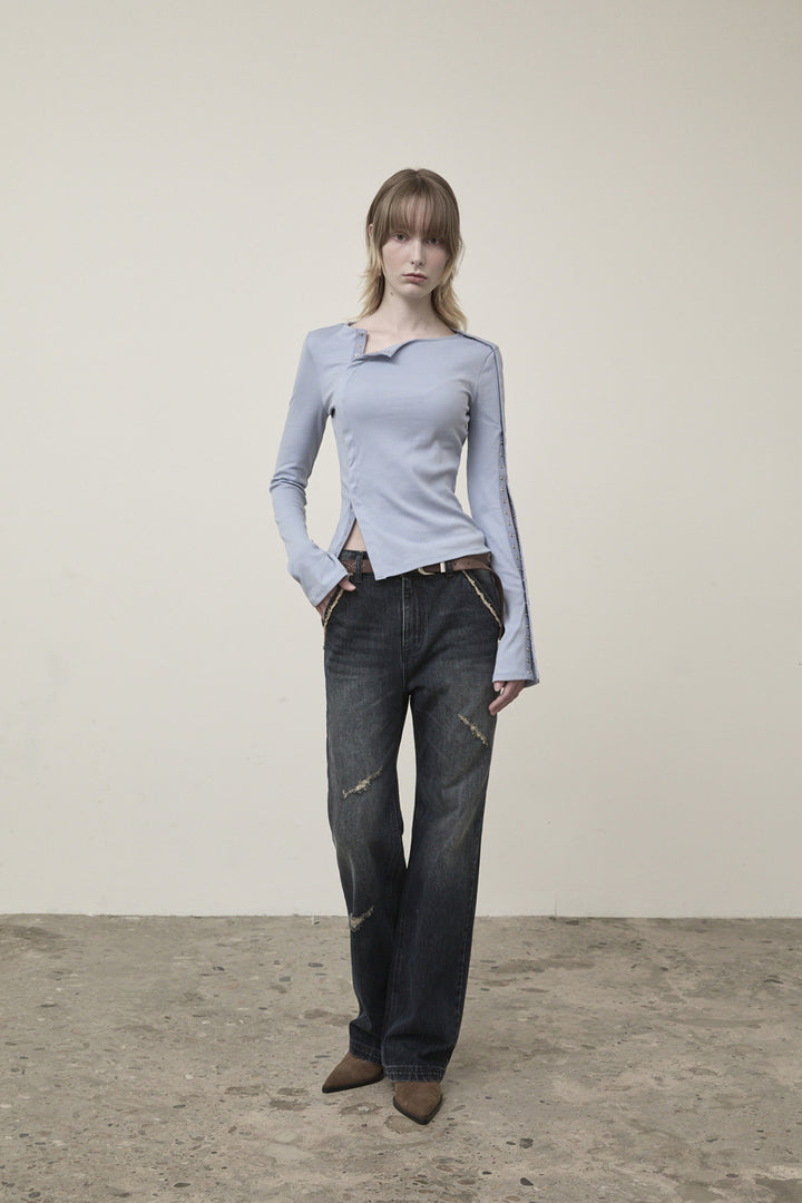 Matin Kim Semi Boots Cut Washed Denim — Navy blue