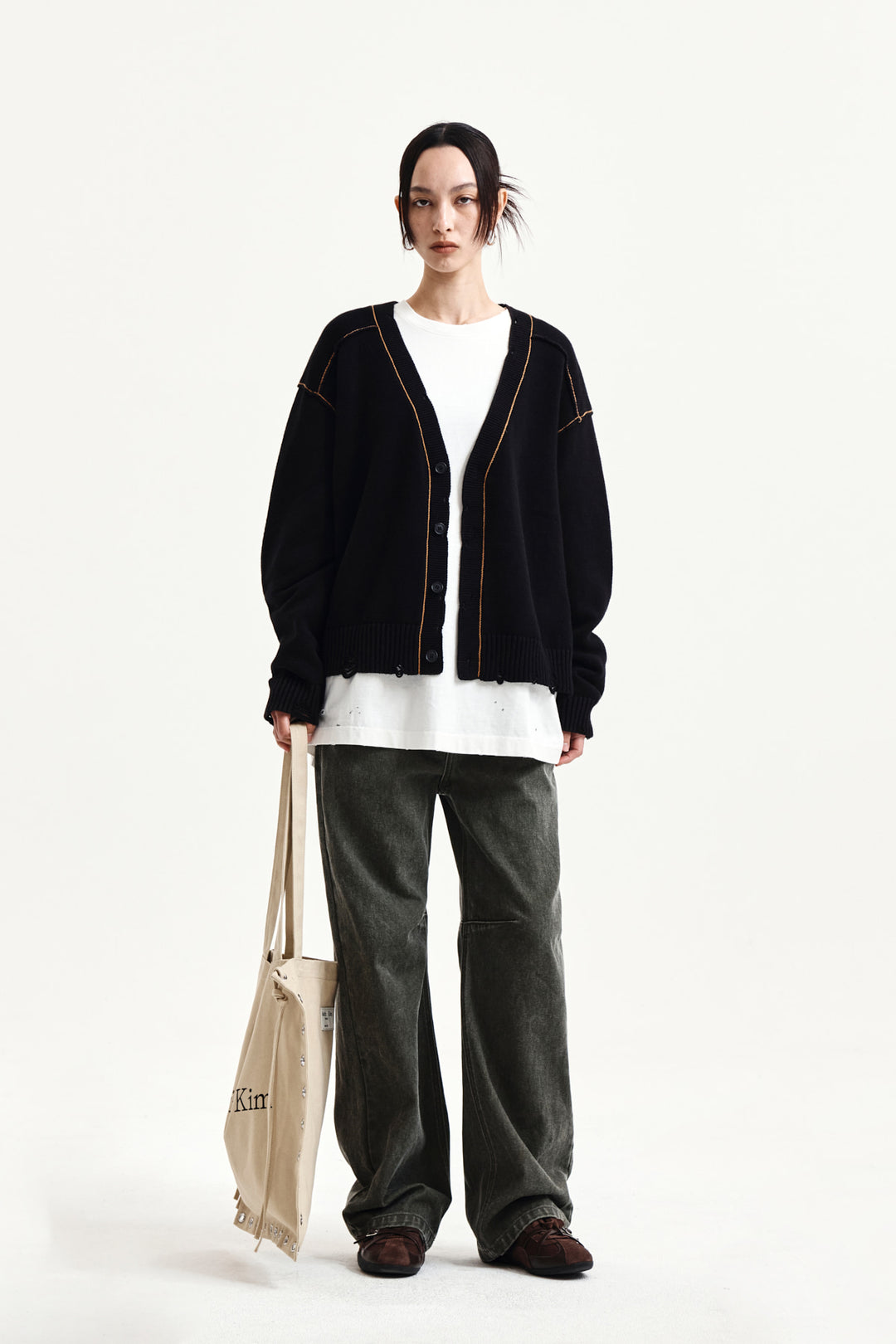 Matin Kim Back Logo Line Point Knit Cardigan — Black