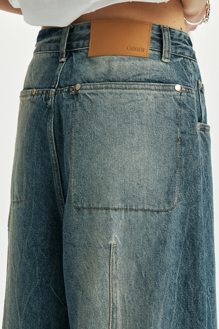 KIMMATIN Pintuck Wide Denim Pants — Blue