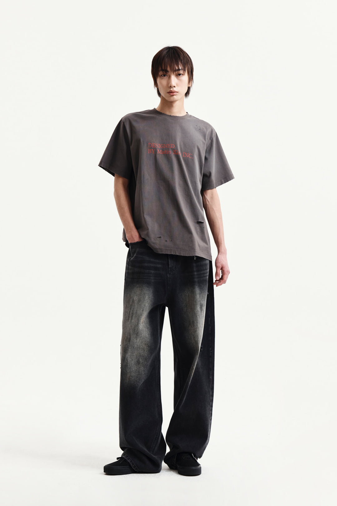 Matin Kim Spray Washed Lettering Damaged Top — Charcoal