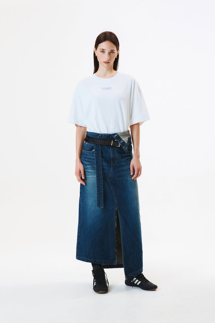 KIMMATIN Foldover Vintage Washed Denim Skirt — Blue