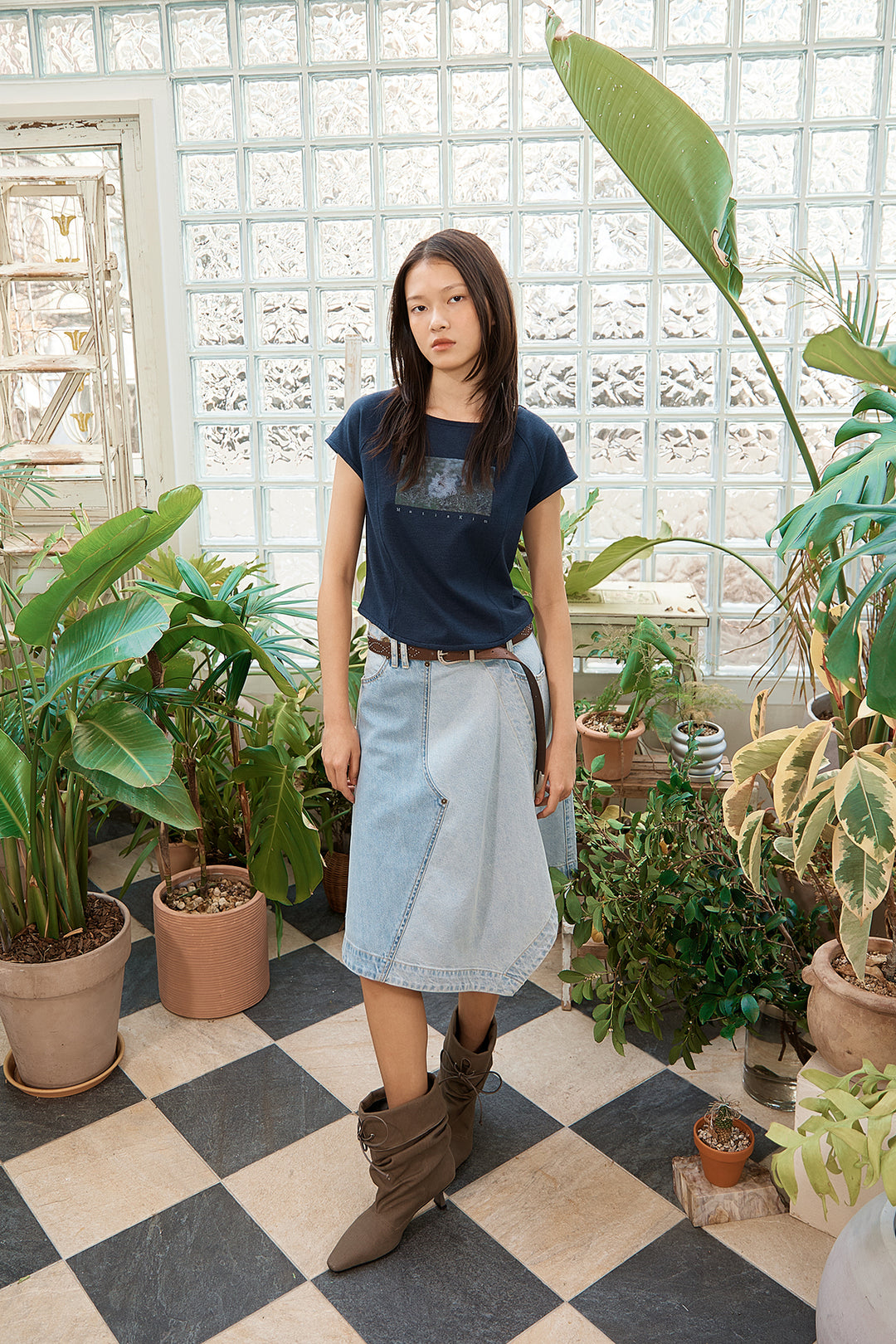 Matin Kim Denim Mixed Flare Skirt — Light Blue
