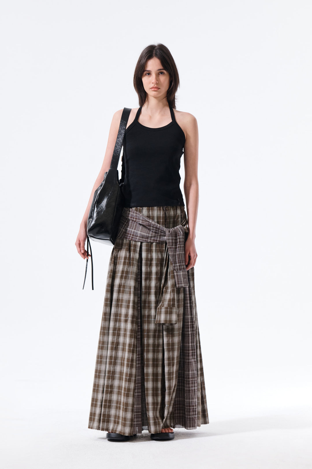 Matin Kim Mixed Check Sleeve Tie Flare Skirt — Brown