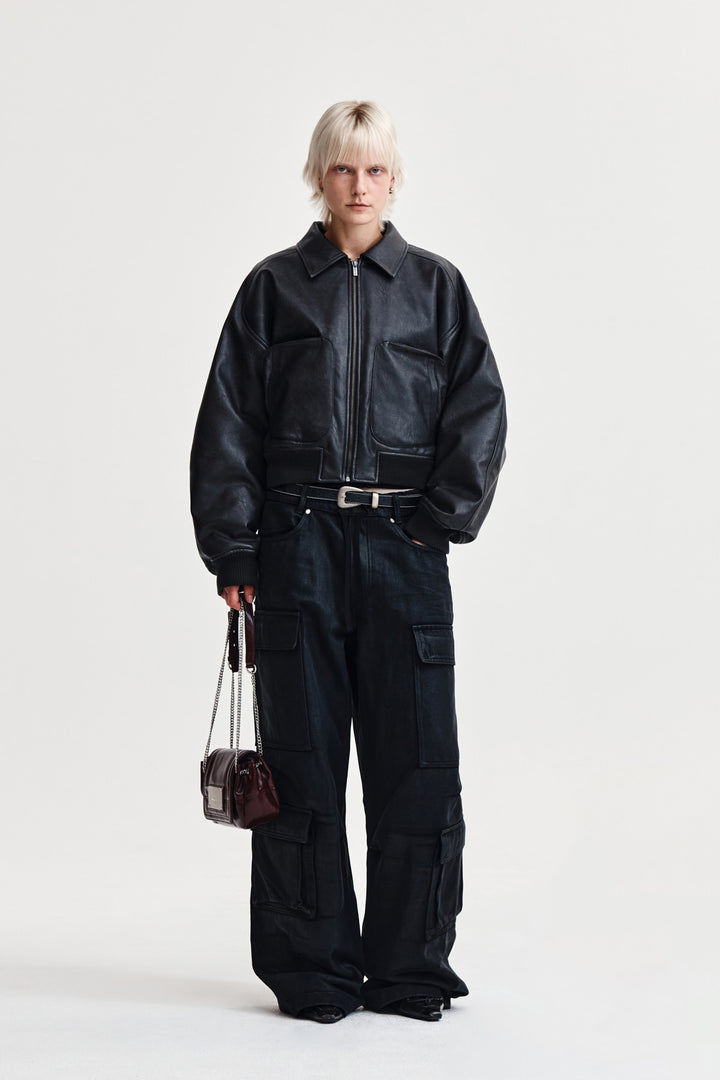 Matin Kim Faux Leather Overshirt — Charcoal
