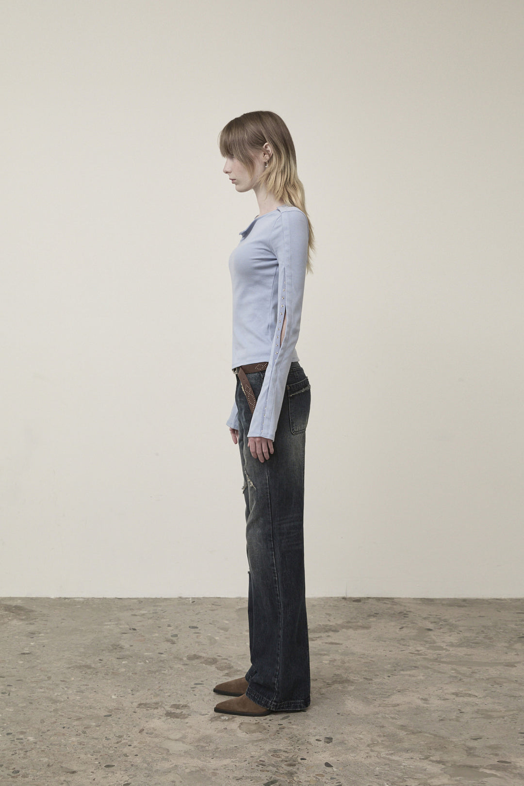 Matin Kim Semi Boots Cut Washed Denim — Navy blue