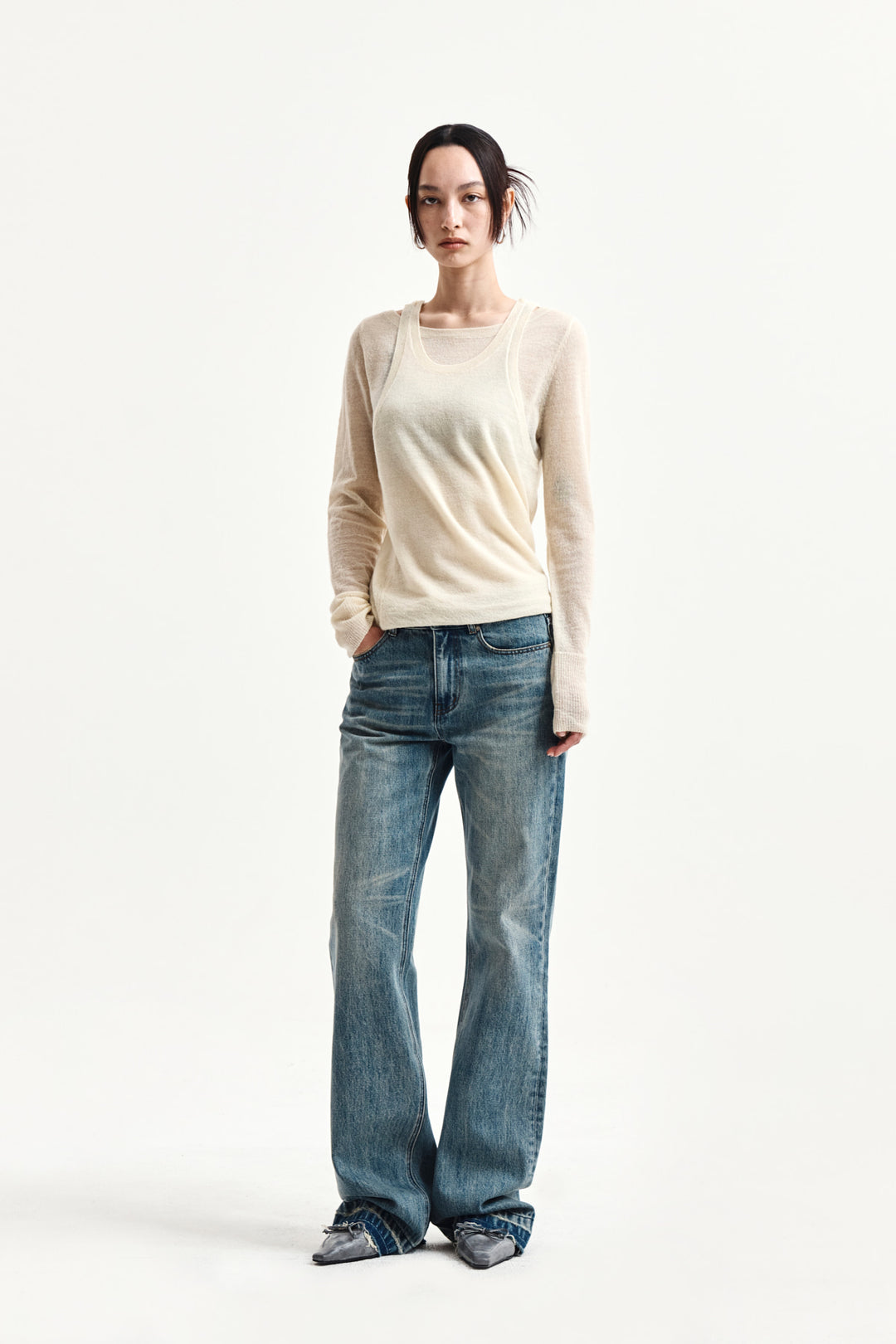Matin Kim Washed Point Boots Cut Denim — Blue