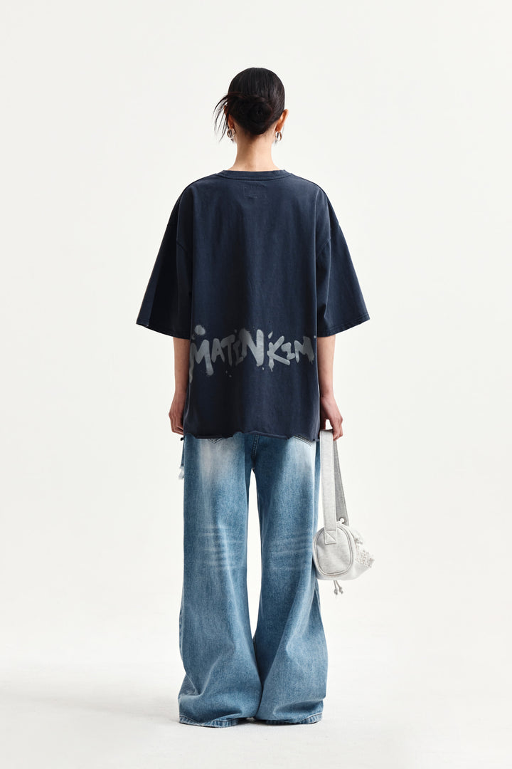 Matin Kim Raw Cut Graffiti Logo Top — Navy blue