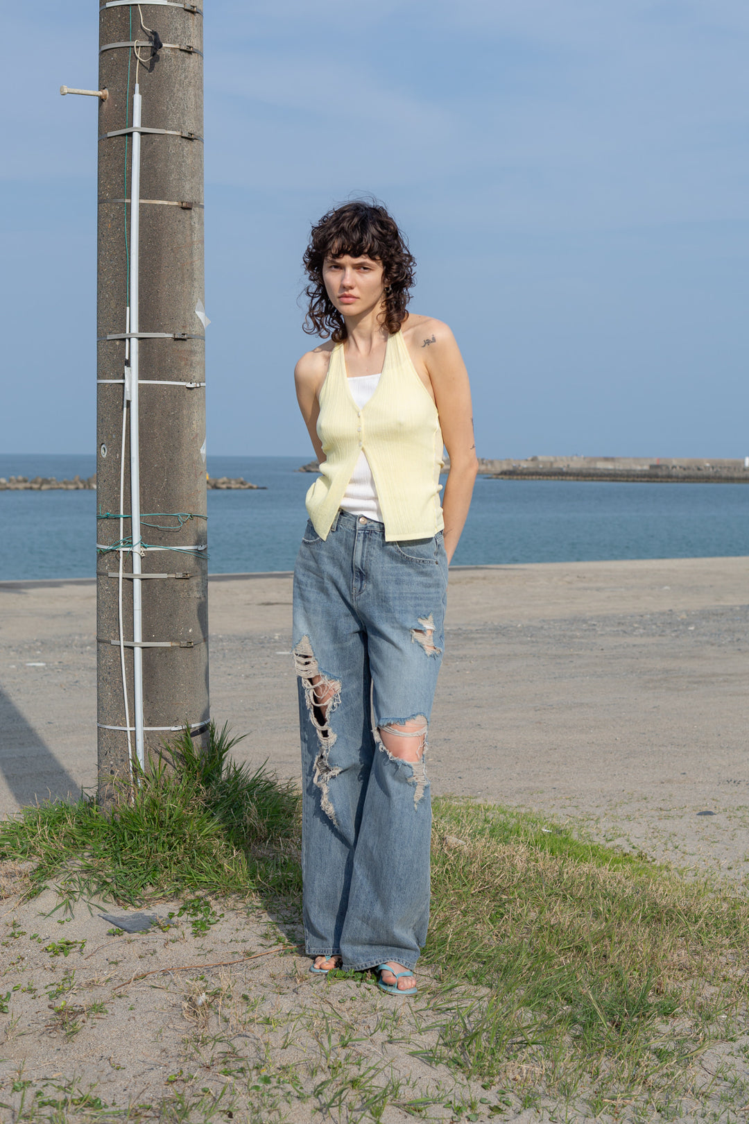 Matin Kim Layered Button Halter Neck Top — Yellow
