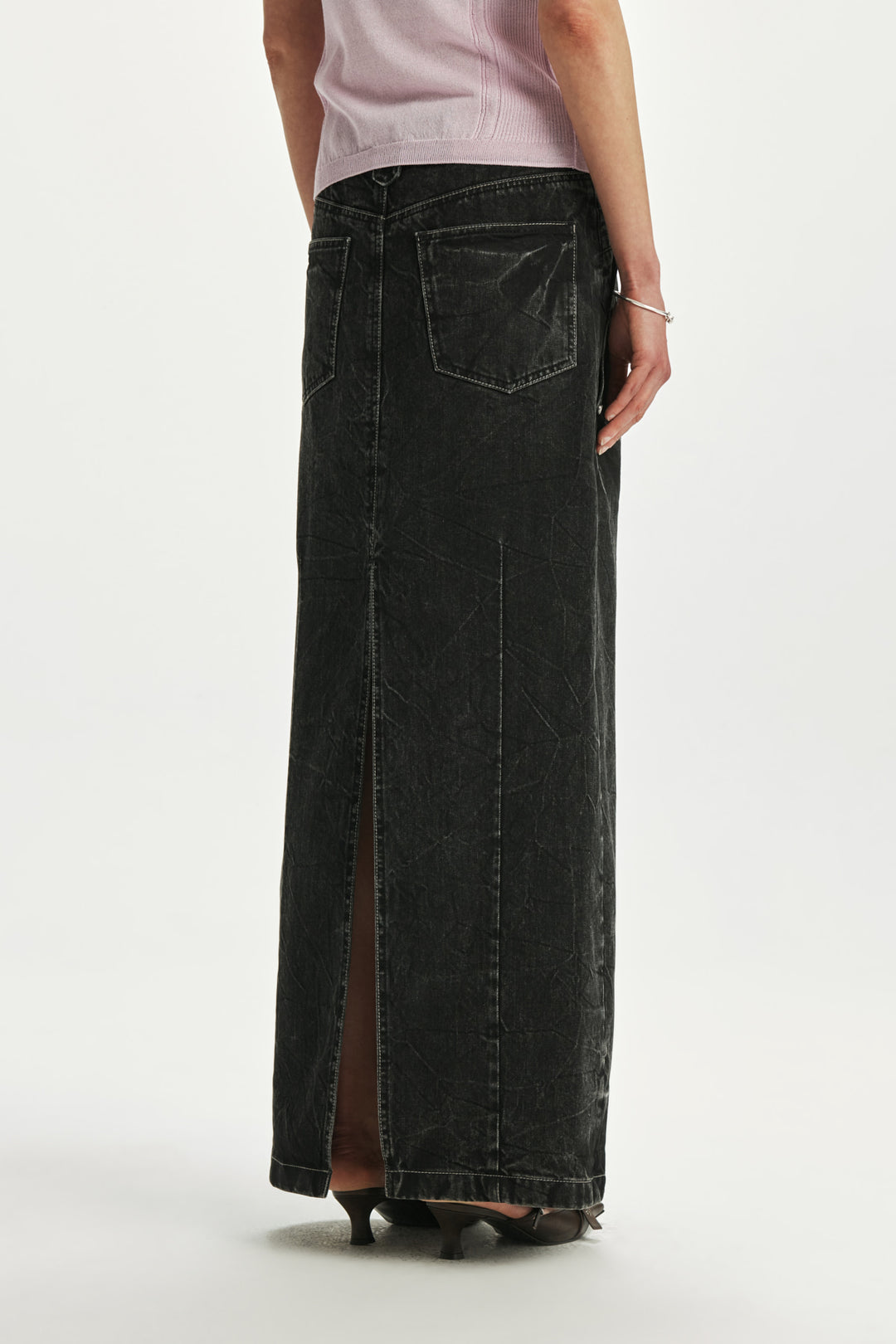 KIMMATIN Waist Point Denim Maxi Skirt — Black