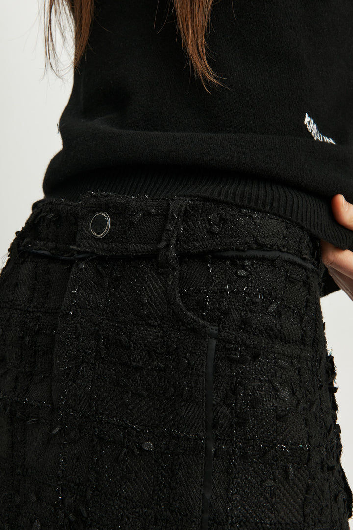 KIMMATIN Cut Point Tweed Mini Skirt — Black