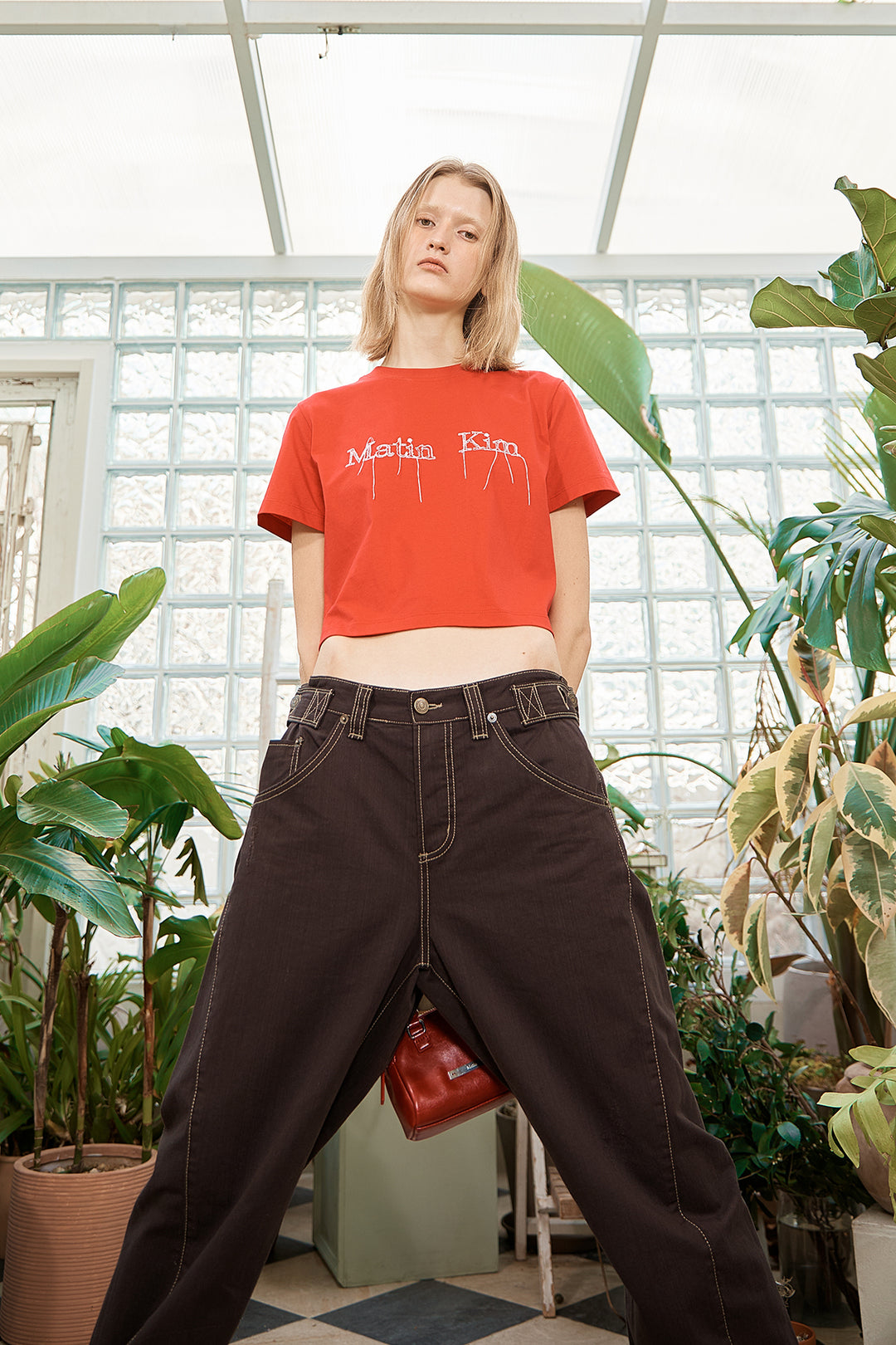 Matin Kim Logo Thread Point Crop Top — Red