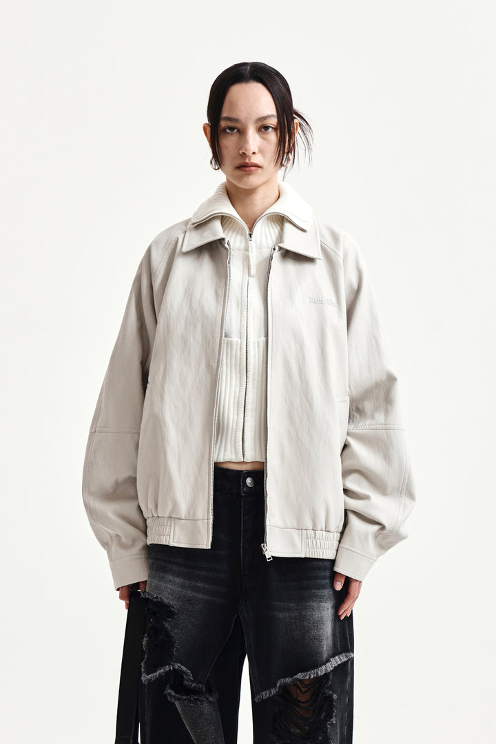 Matin Kim Small Logo Faux Leather Zip-Up — Light Grey