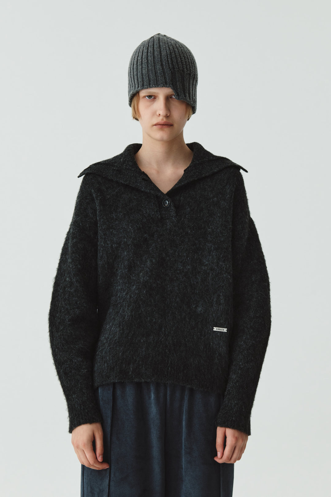 KIMMATIN Button High Neck Alpaca Blend Sweater — Charcoal