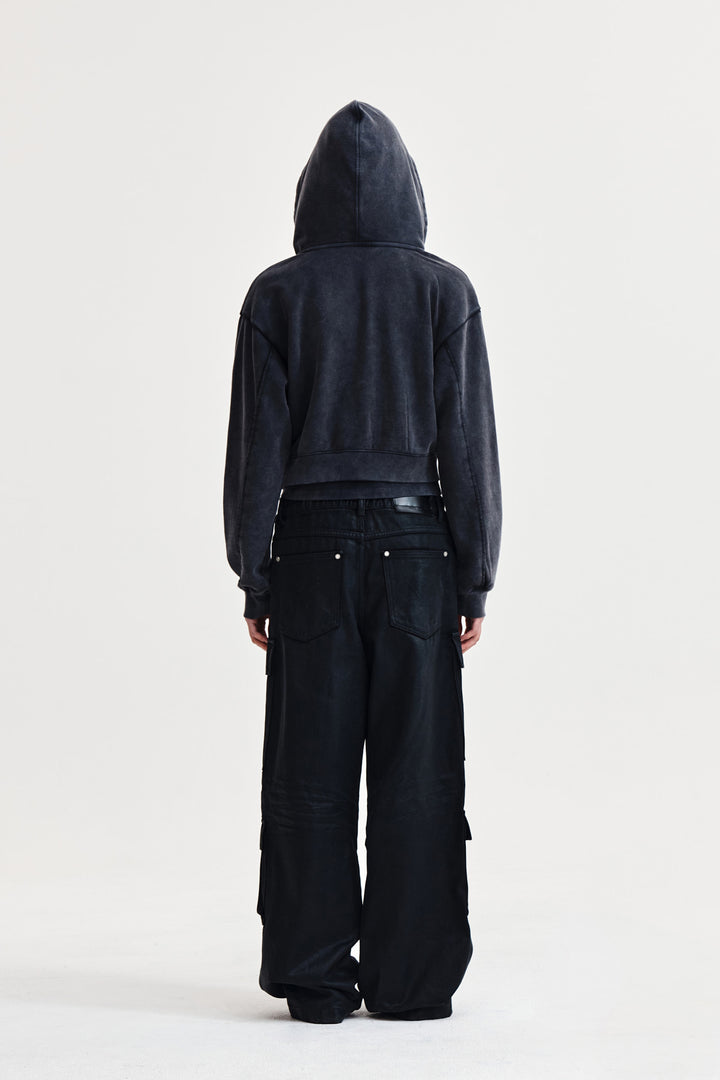 Matin Kim Washed Layered Crop Hoody — Charcoal