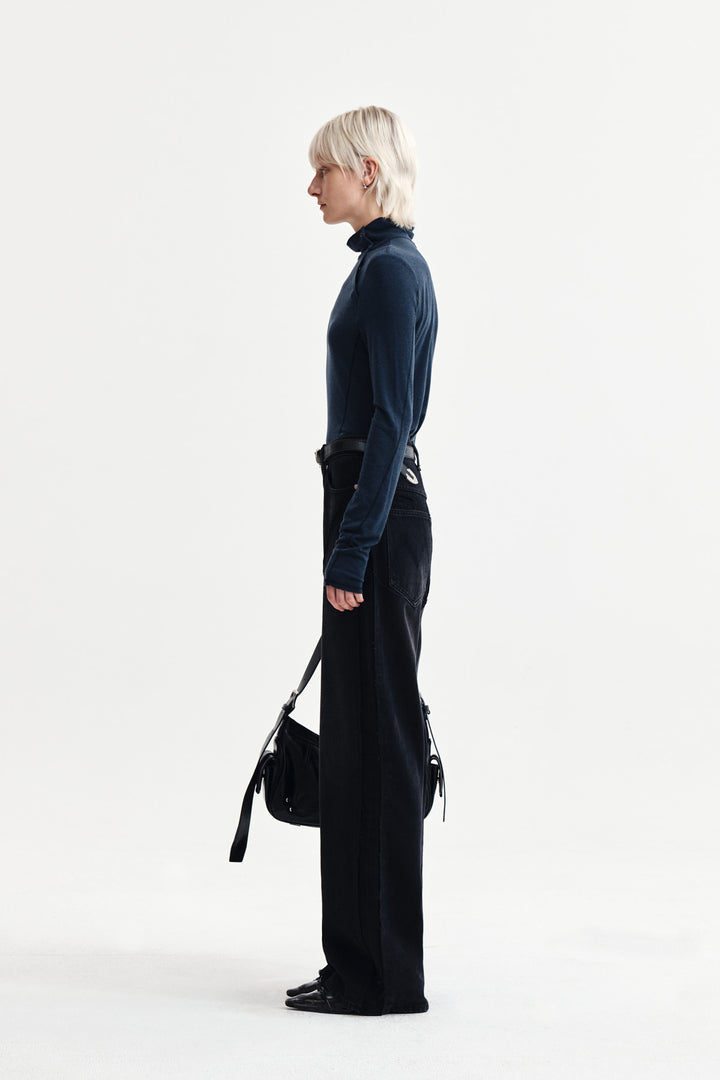 Matin Kim Button Slit Half Neck Top — Navy blue